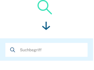 Unter einer Lupe zeigt ein Pfeil auf das Feld Suchbegriff.