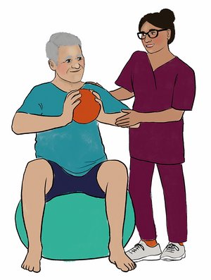 Ein Mann macht Gymnastikübungen. Eine Physiotherapeutin unterstützt ihn dabei.